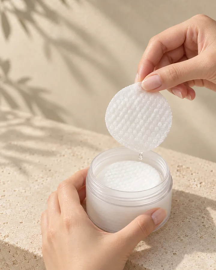 Tangan mengambil satu toner pad dari jar yang terbuka