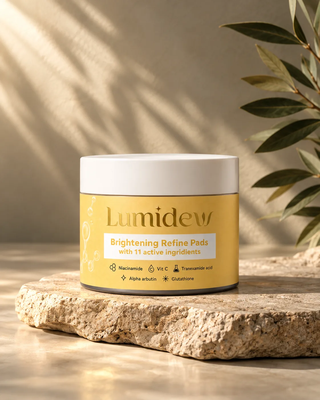 Lumidew Brightening Refine Pads di atas batu dalam cahaya hangat